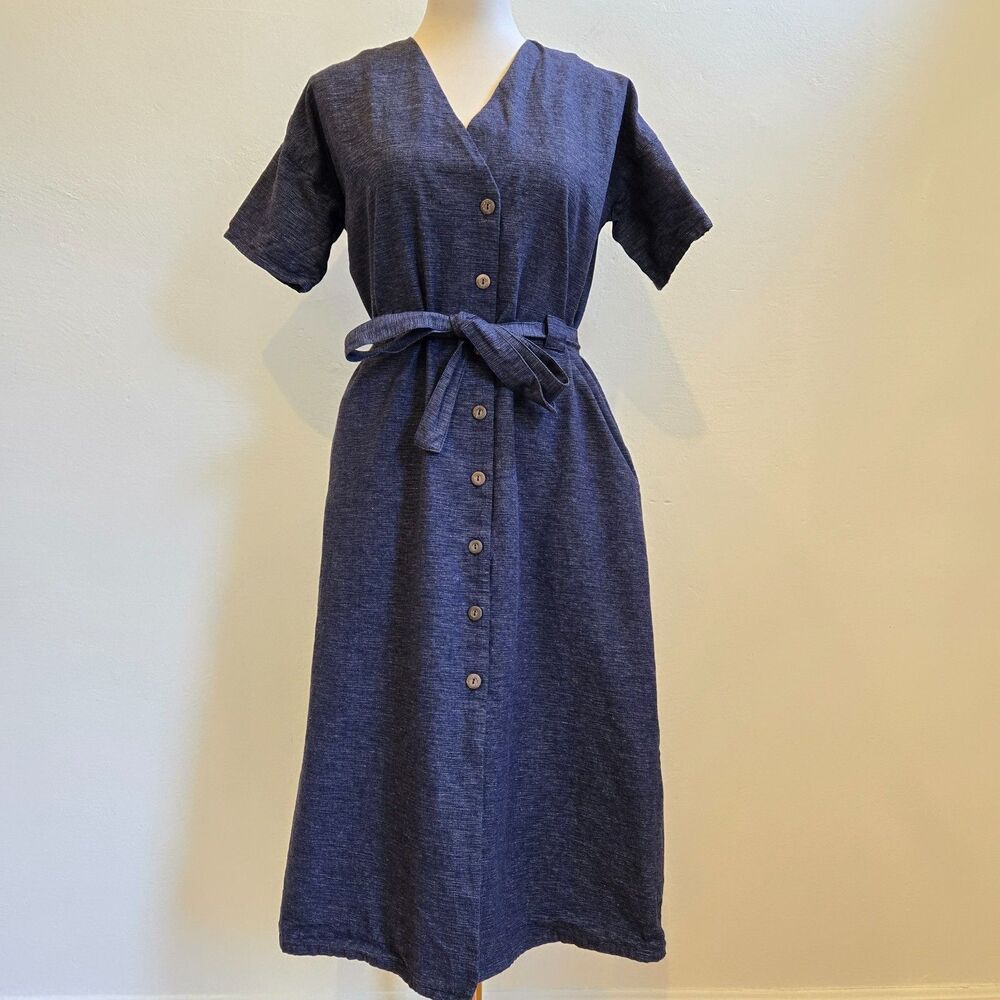People Tree Dark Indigo Organic Cotton Belted Midi Dress US 6 Boho Sustainable - Picture 2 of 16
